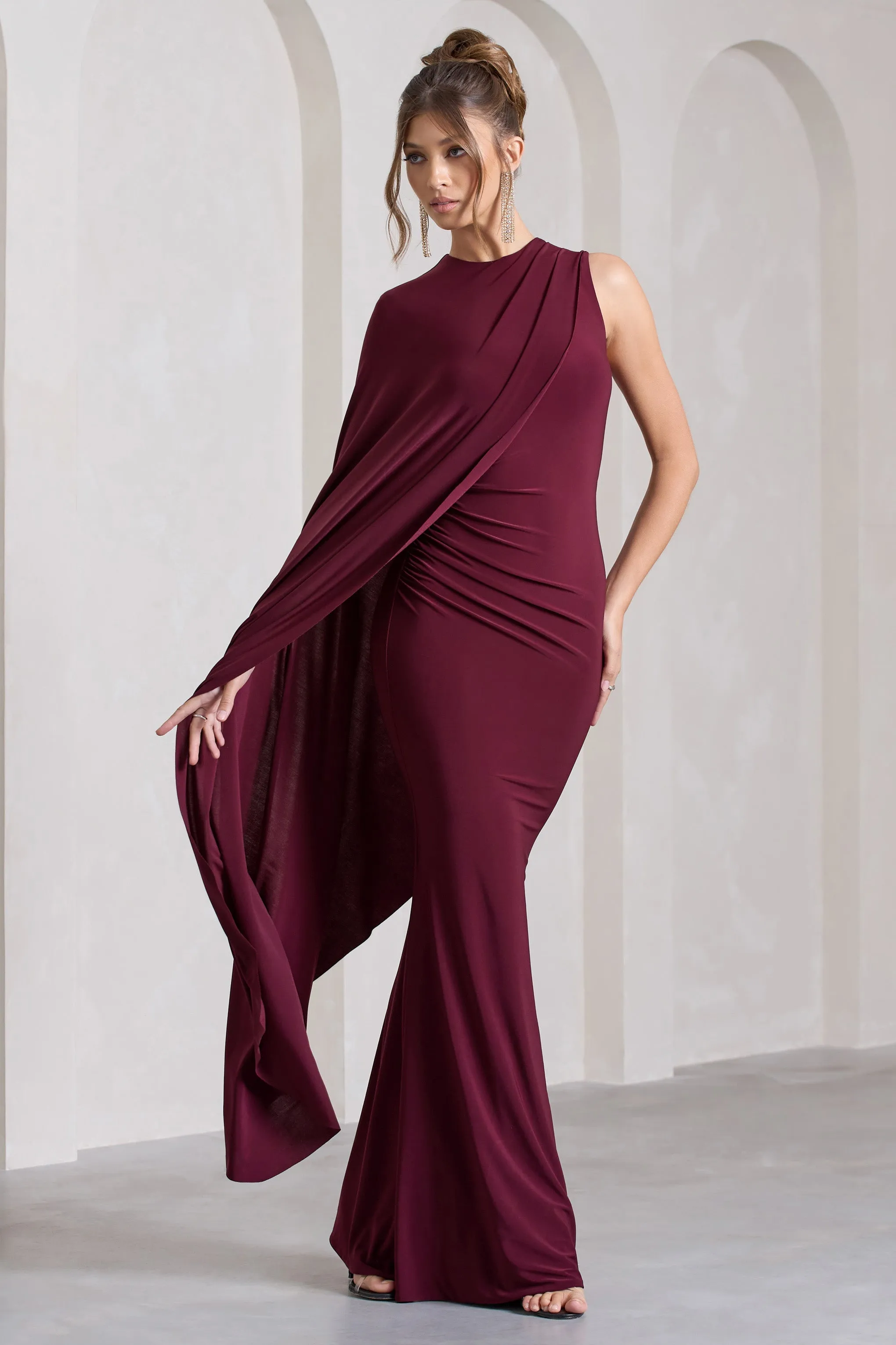 Unveil | Burgundy One-Sleeve Cape Maxi Dress