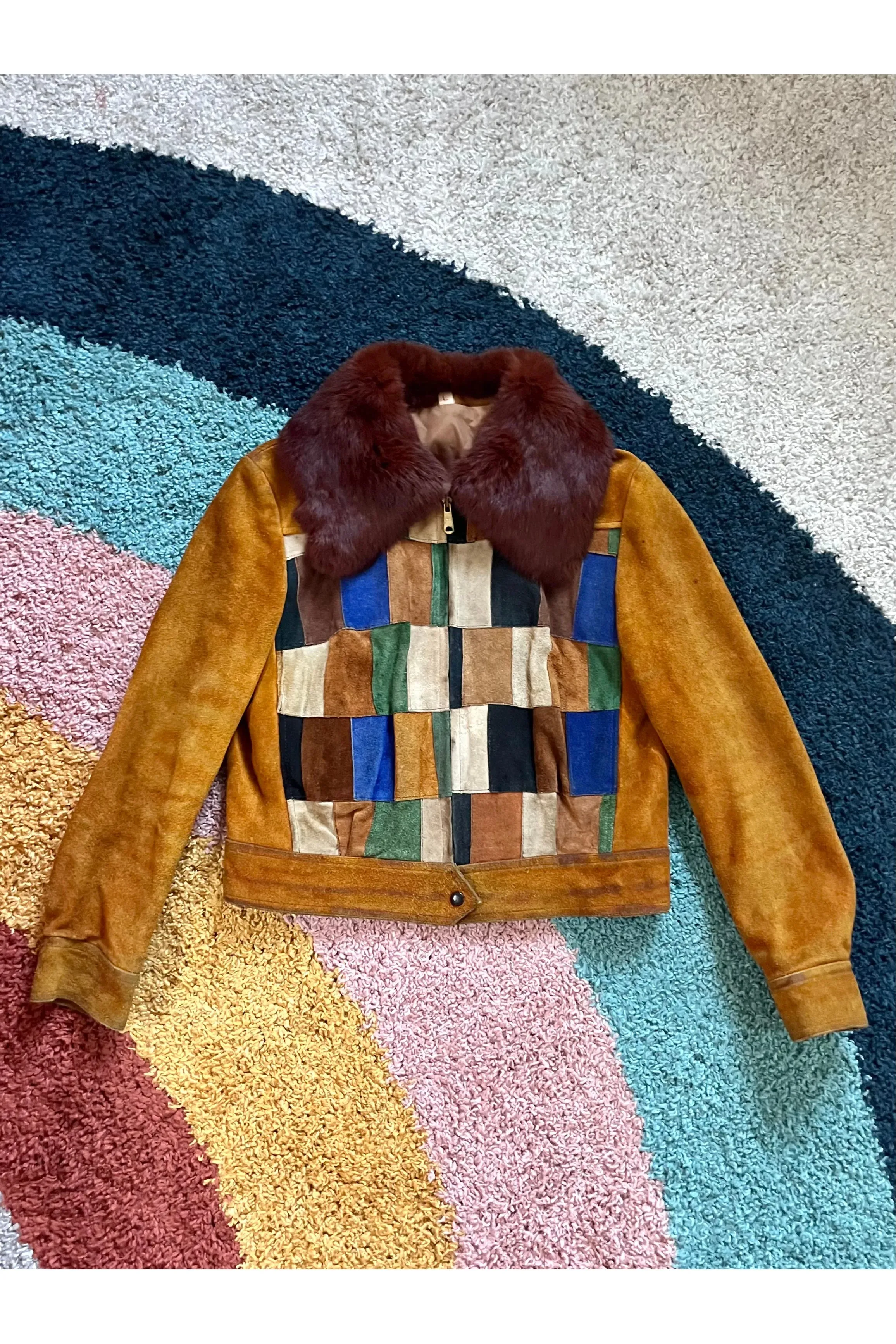 Vintage 70s Patchwork Suede Fur Collar Jacket