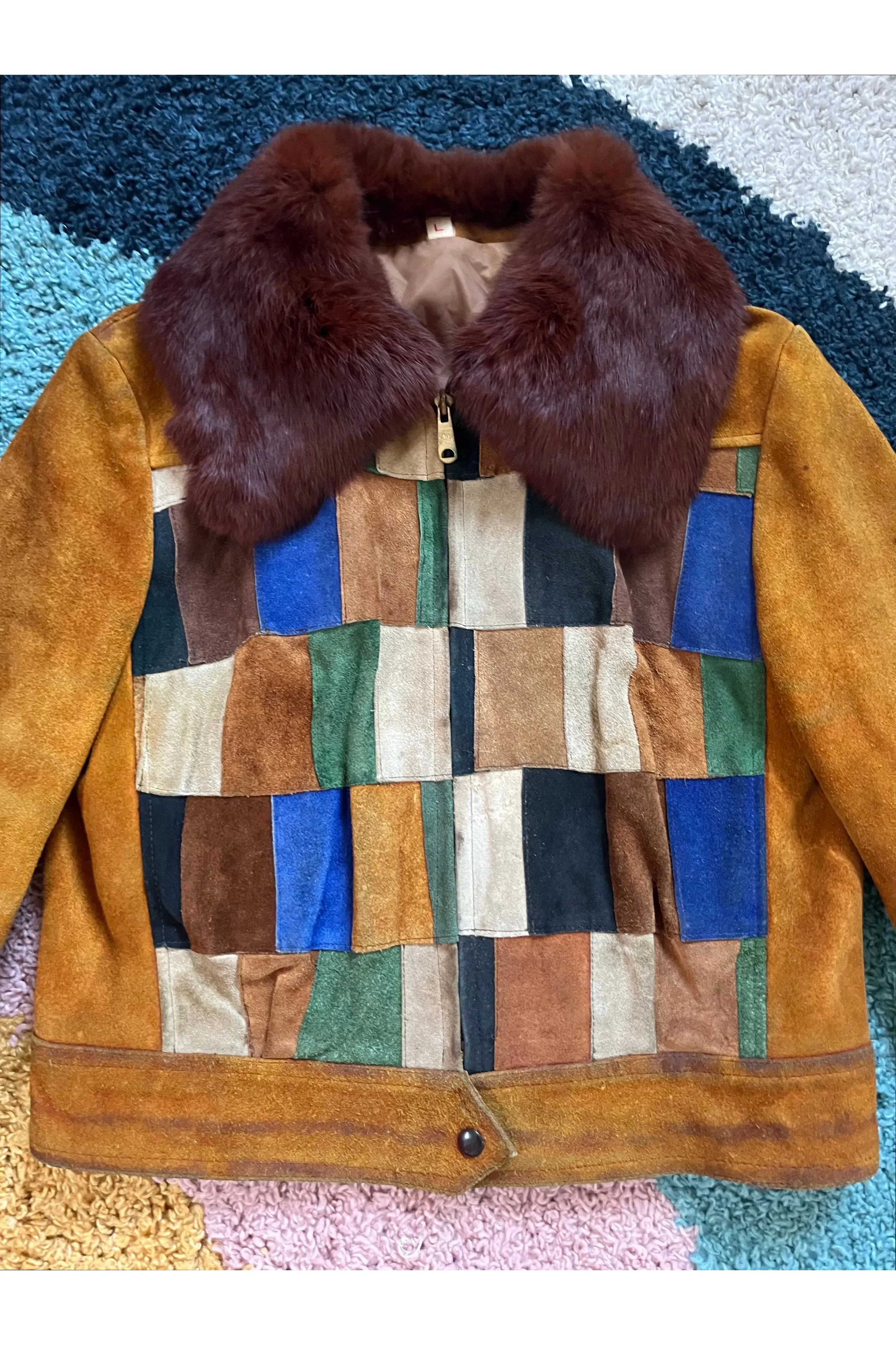 Vintage 70s Patchwork Suede Fur Collar Jacket