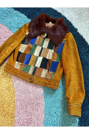 Vintage 70s Patchwork Suede Fur Collar Jacket