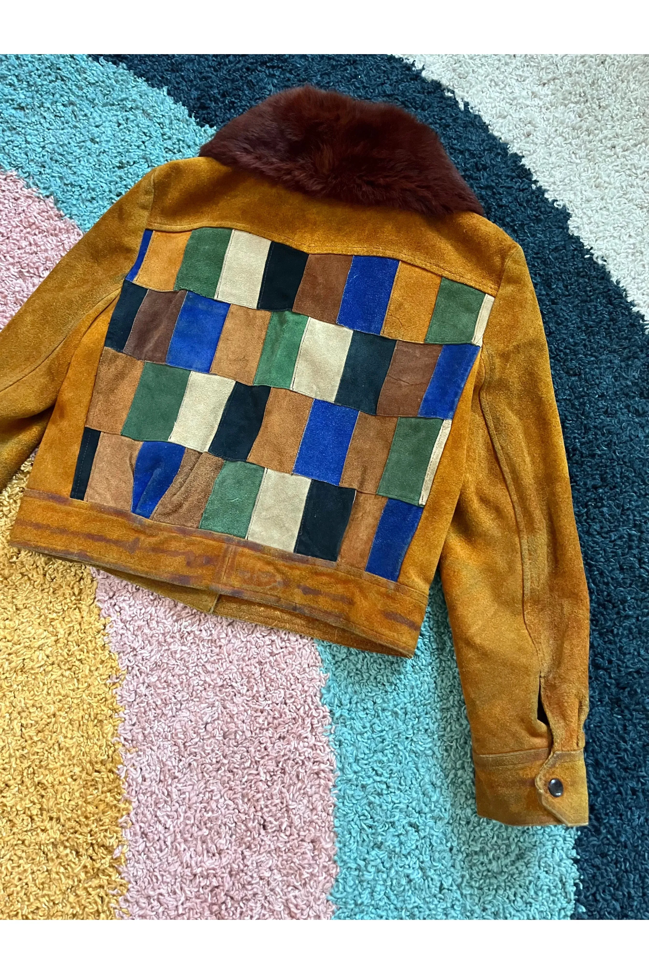 Vintage 70s Patchwork Suede Fur Collar Jacket