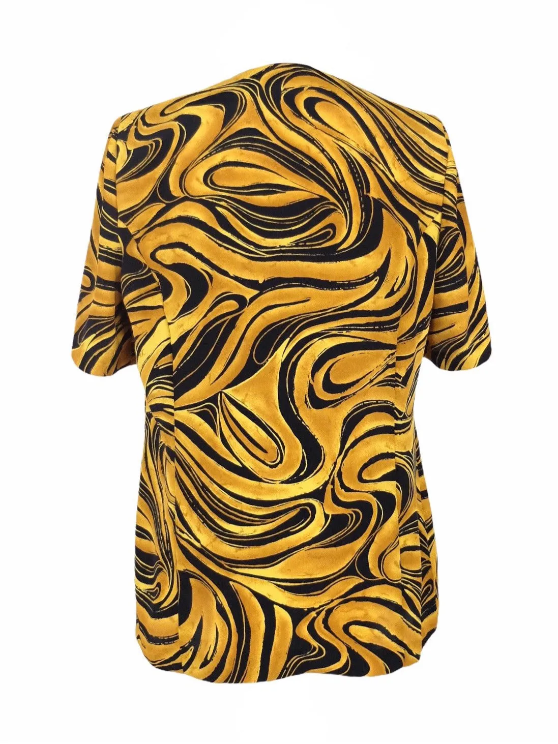 Vintage 80s Gold & Black Psychedelic Mod Abstract Patterned Button Down Half Sleeve Blouse