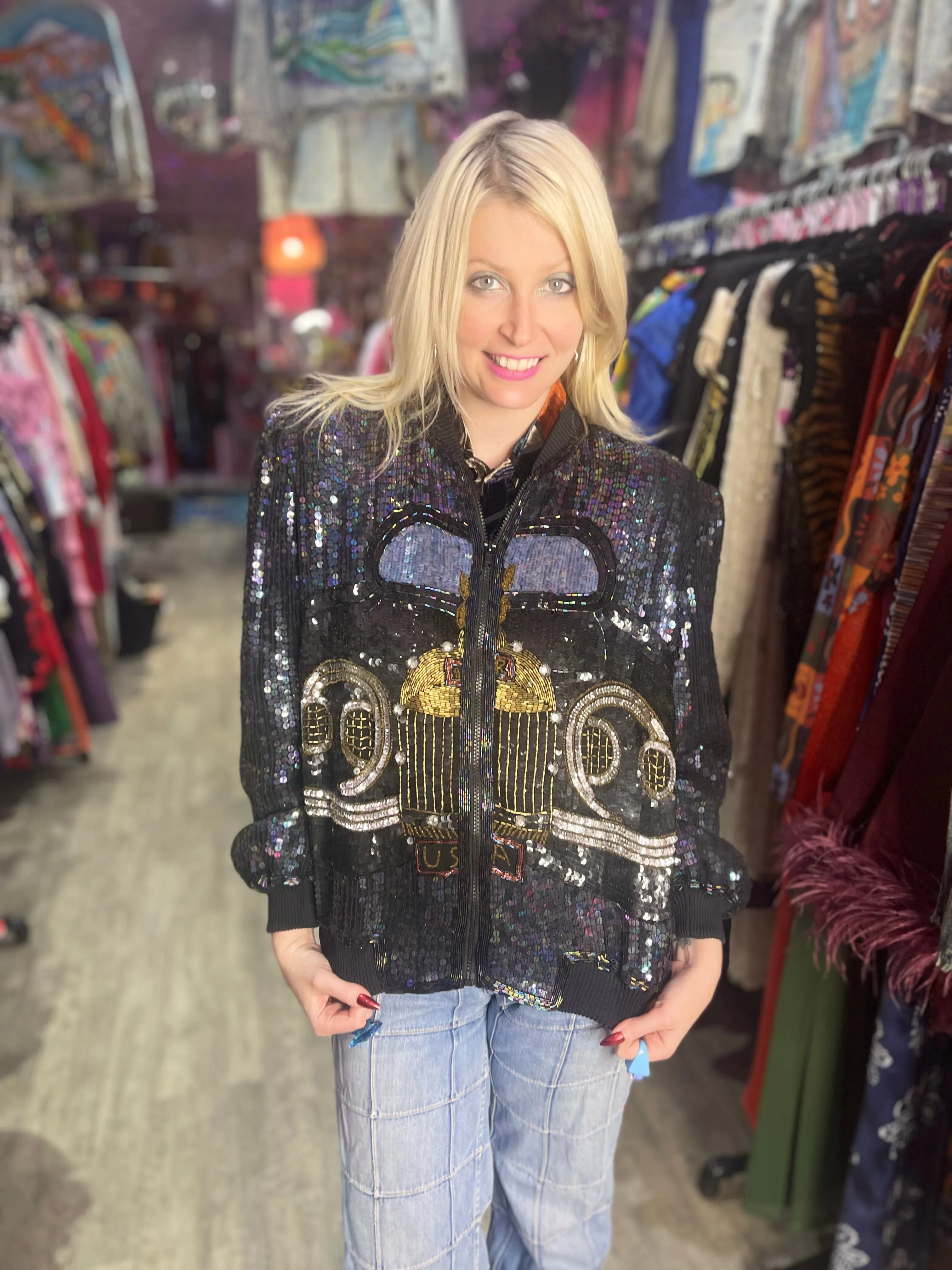 Vintage 90s Rolls Royce Sequin Encrusted Bomber Jacket