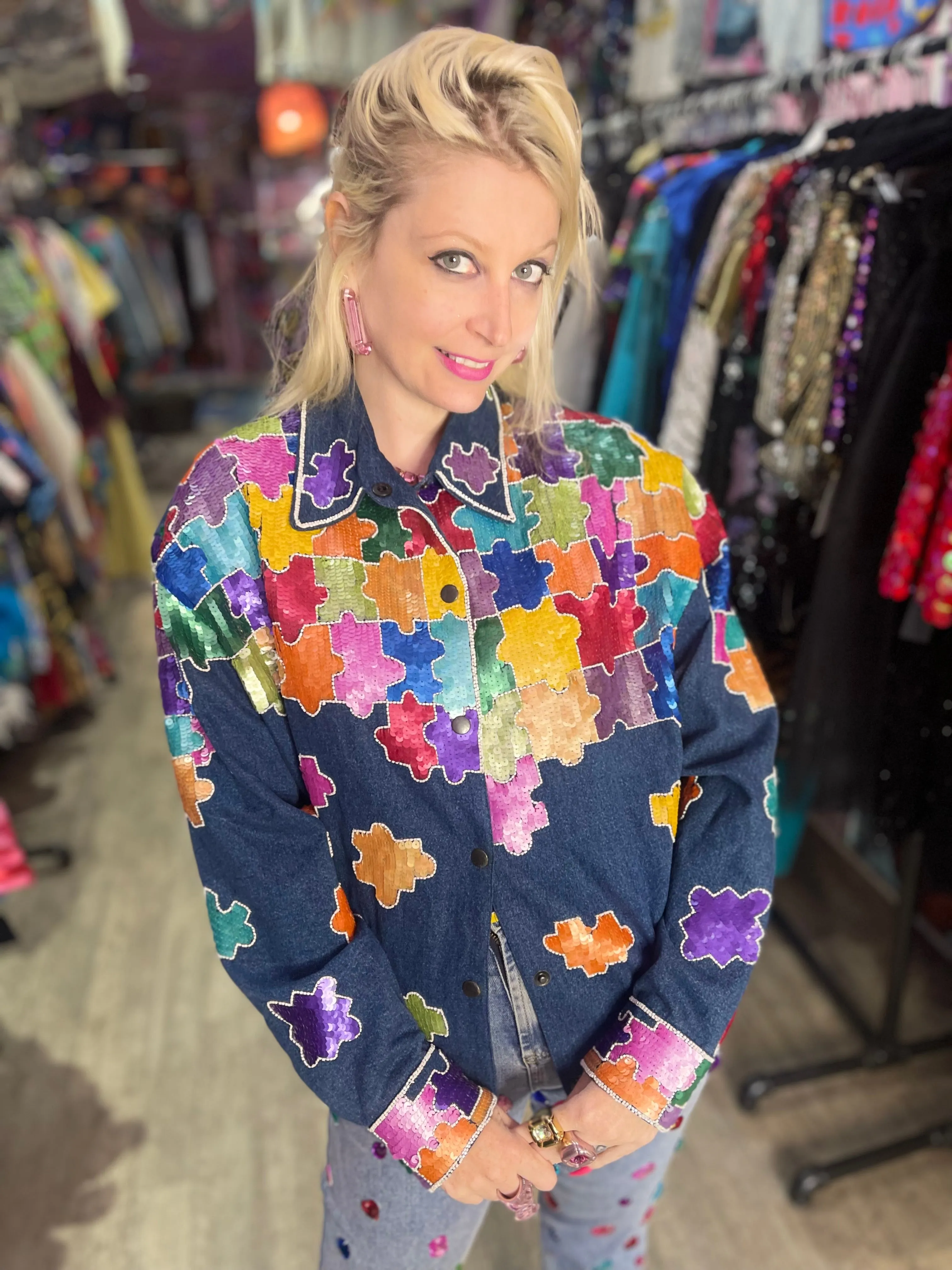 Vintage 90s Sequin Puzzle Pieces Jacket