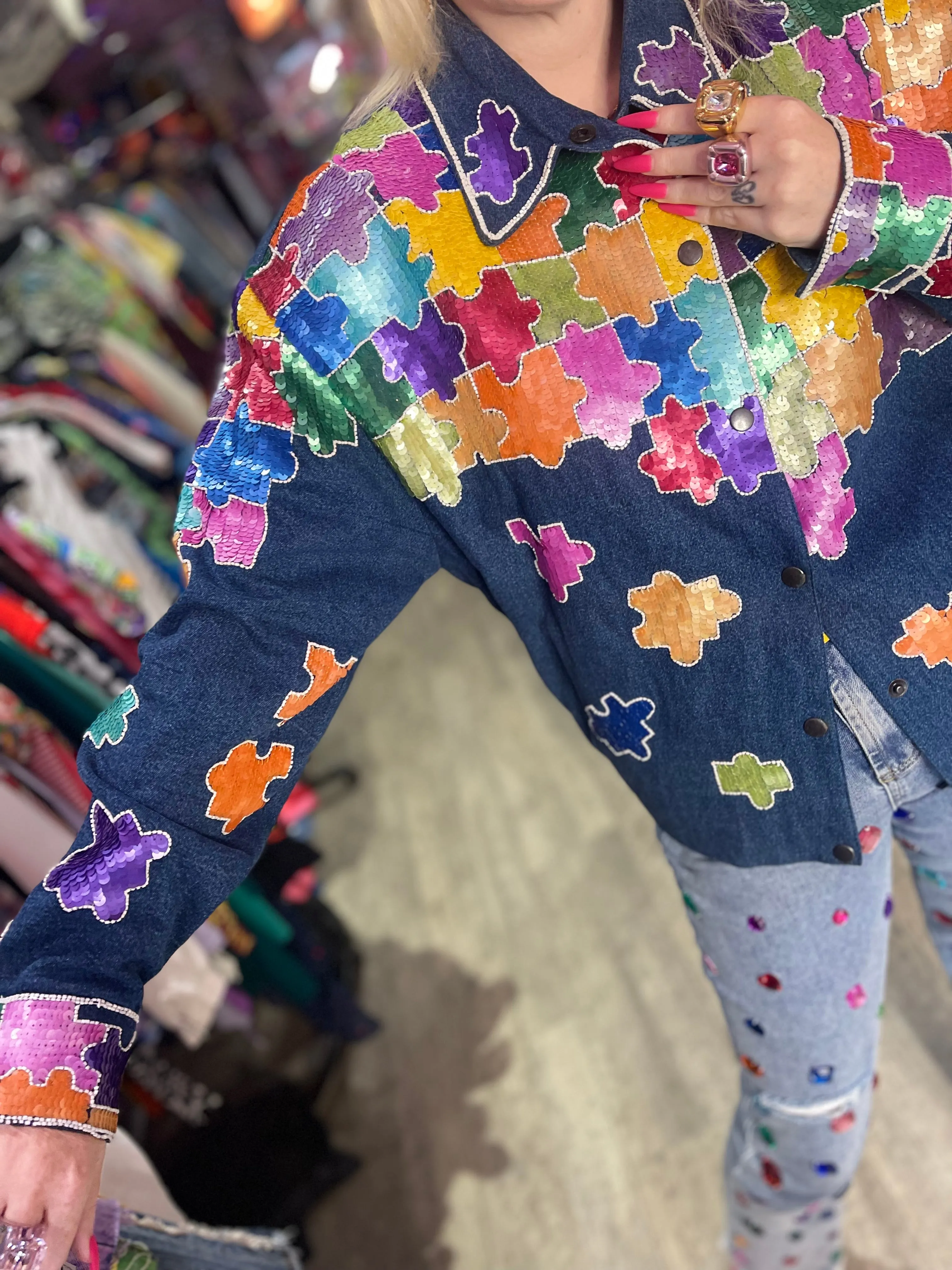 Vintage 90s Sequin Puzzle Pieces Jacket