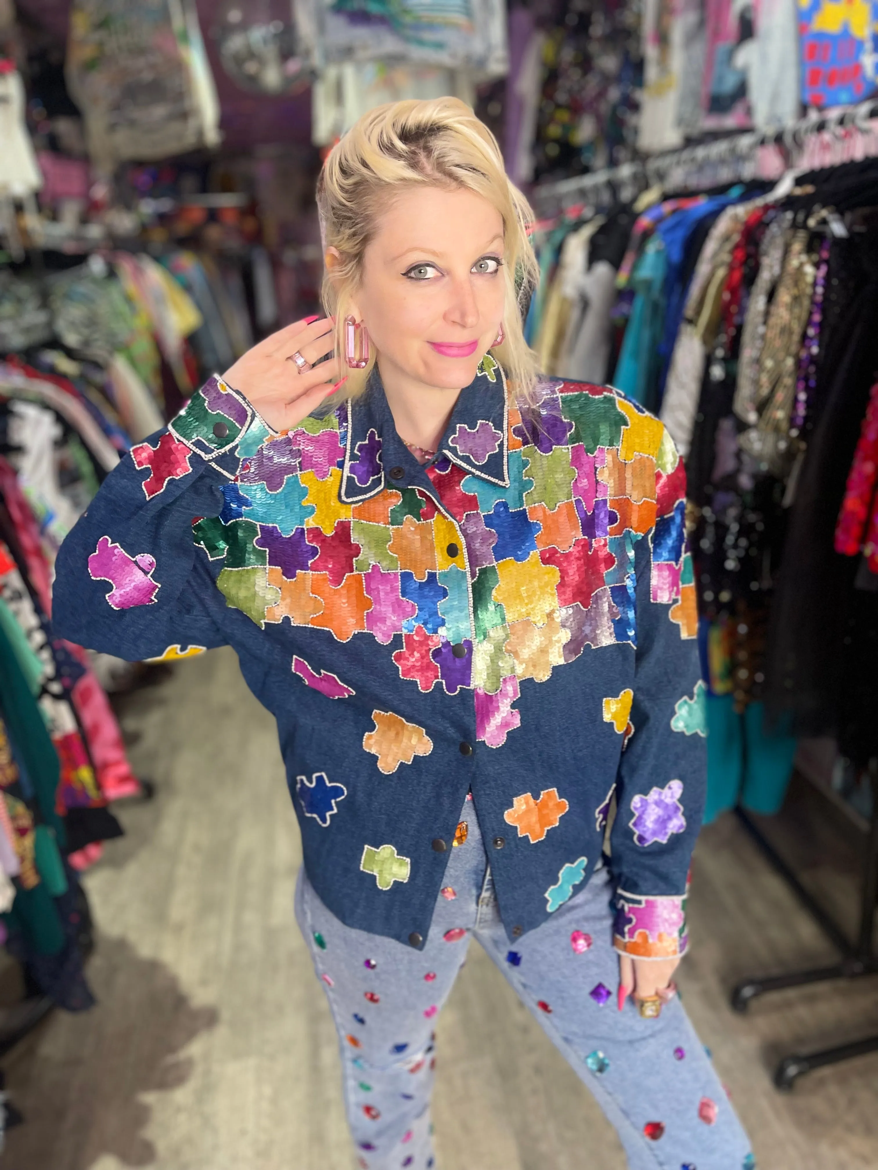 Vintage 90s Sequin Puzzle Pieces Jacket