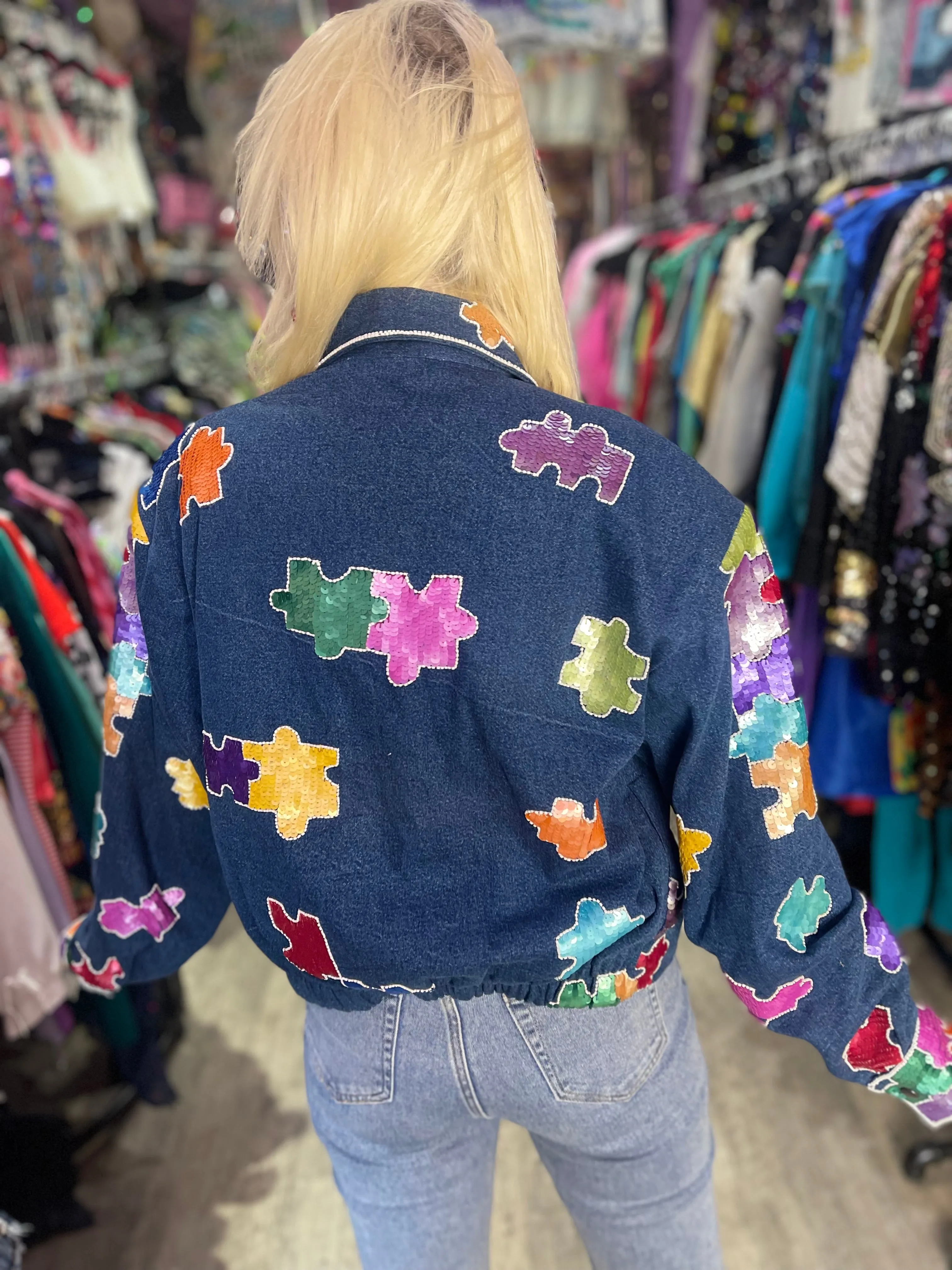 Vintage 90s Sequin Puzzle Pieces Jacket