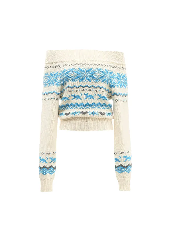 Vintage Jacquard Off-Shoulder Fair Isle Sweater