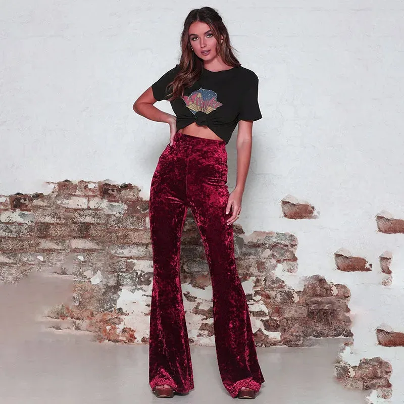 Vintage Velvet Long Flare Korean Sexy High Waist Velour Red Black Bell Bottom Pants