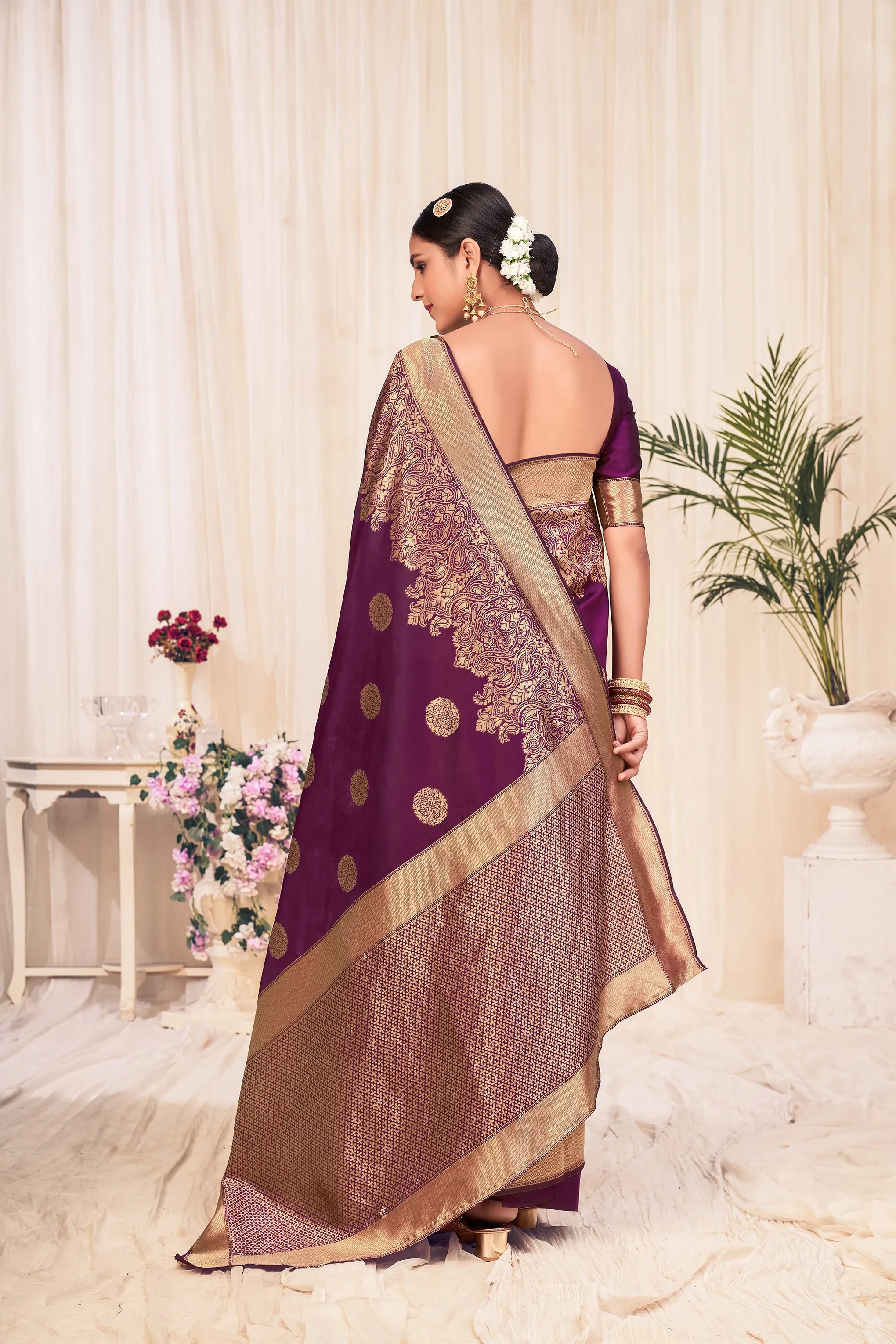 Wine Festive Wear Woven Banarasi Silk Saree