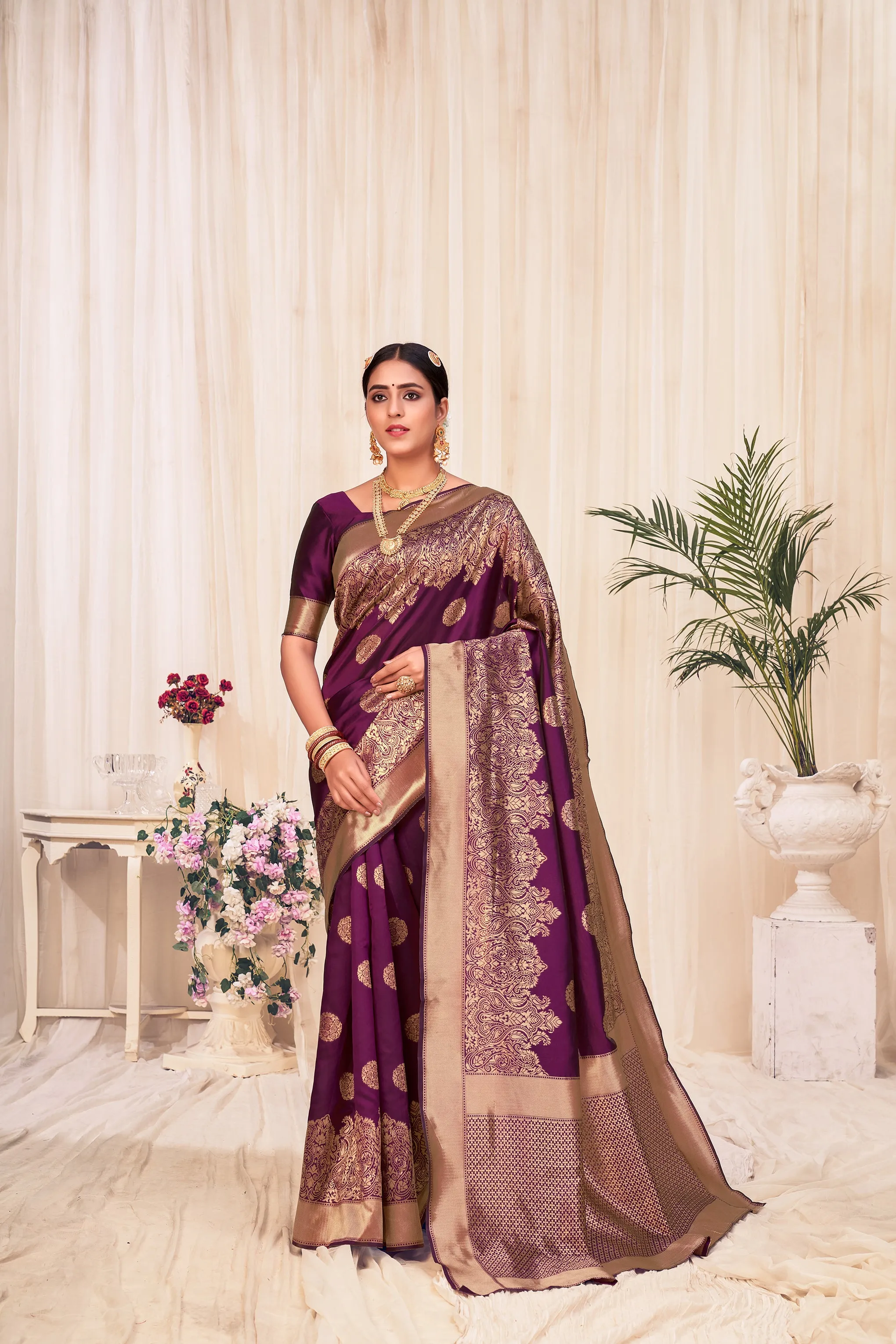 Wine Festive Wear Woven Banarasi Silk Saree