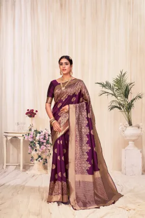 Wine Festive Wear Woven Banarasi Silk Saree