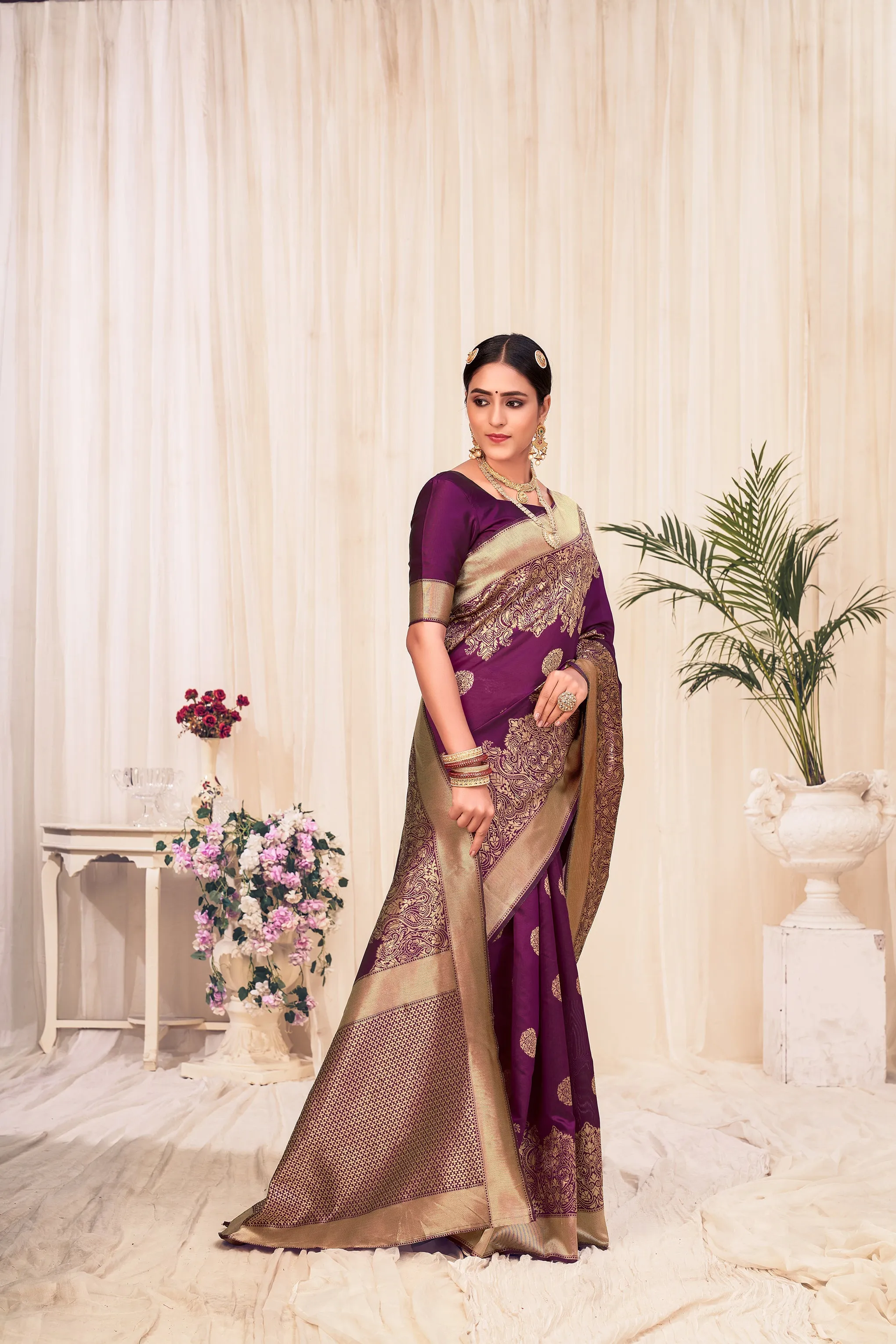 Wine Festive Wear Woven Banarasi Silk Saree