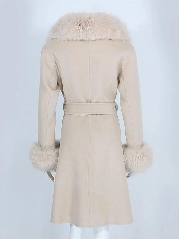 Winter Women Cashmere Wool Blend Coat Long Jacket Belted Natural Fox Fur Collar Cuffs Streetwear