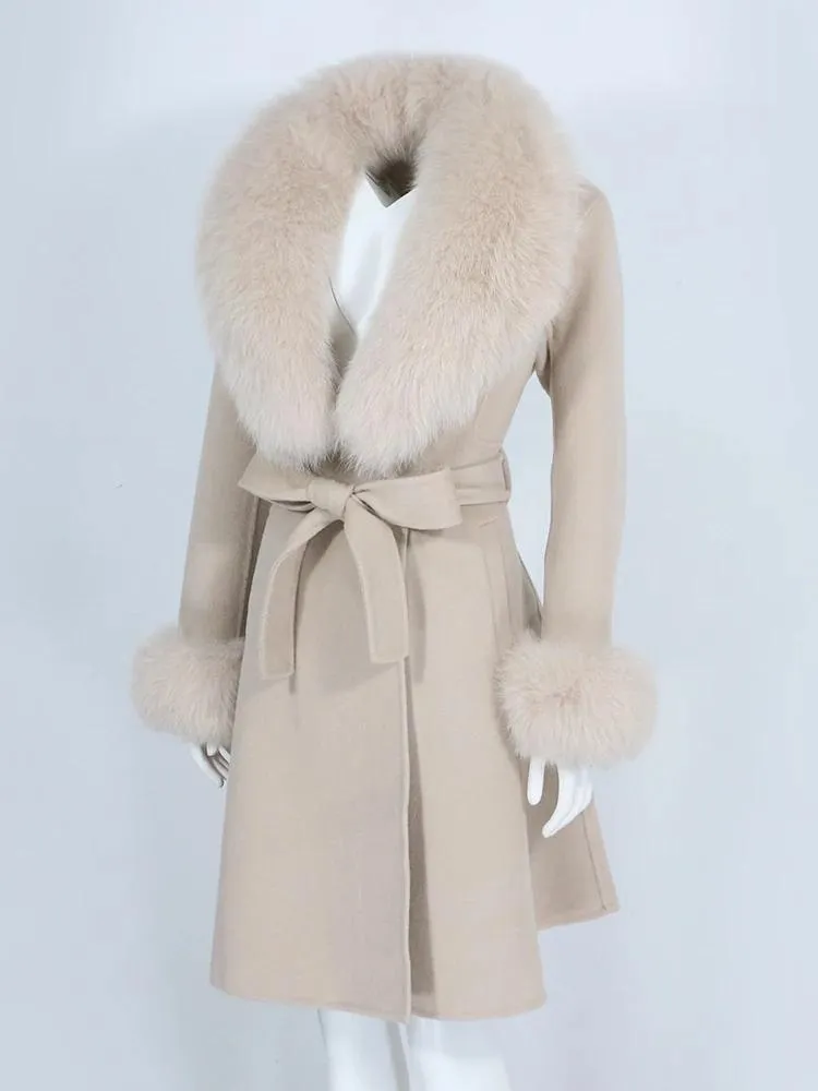 Winter Women Cashmere Wool Blend Coat Long Jacket Belted Natural Fox Fur Collar Cuffs Streetwear