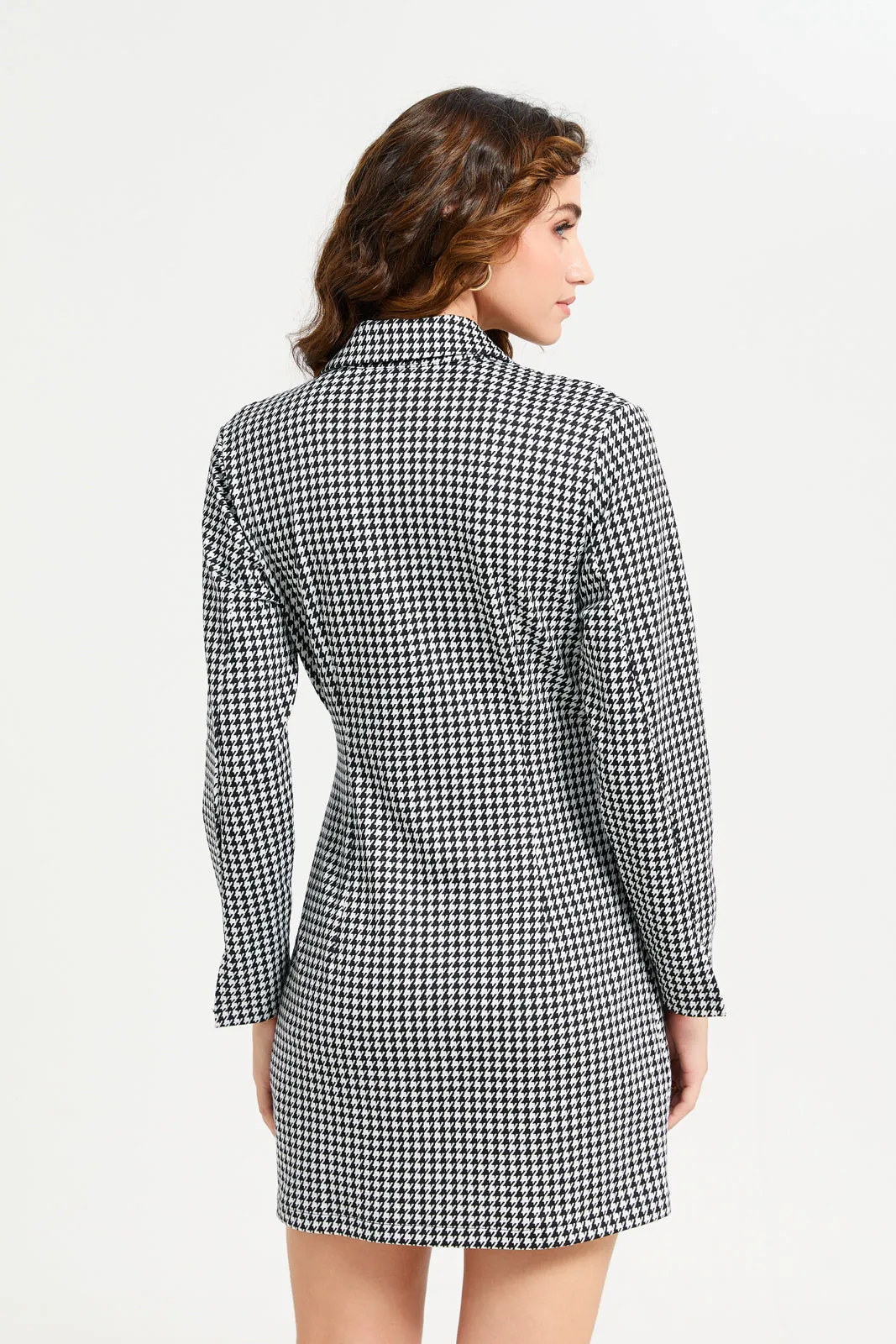 Women Black And White Checked Wrap Buckle Dress