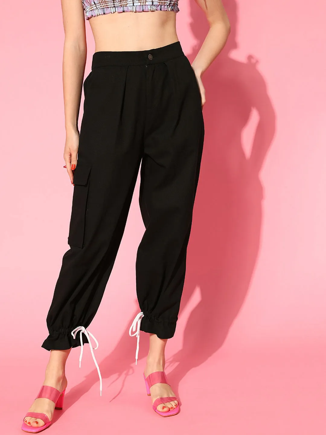 Women Black Drawstring Hem Joggers