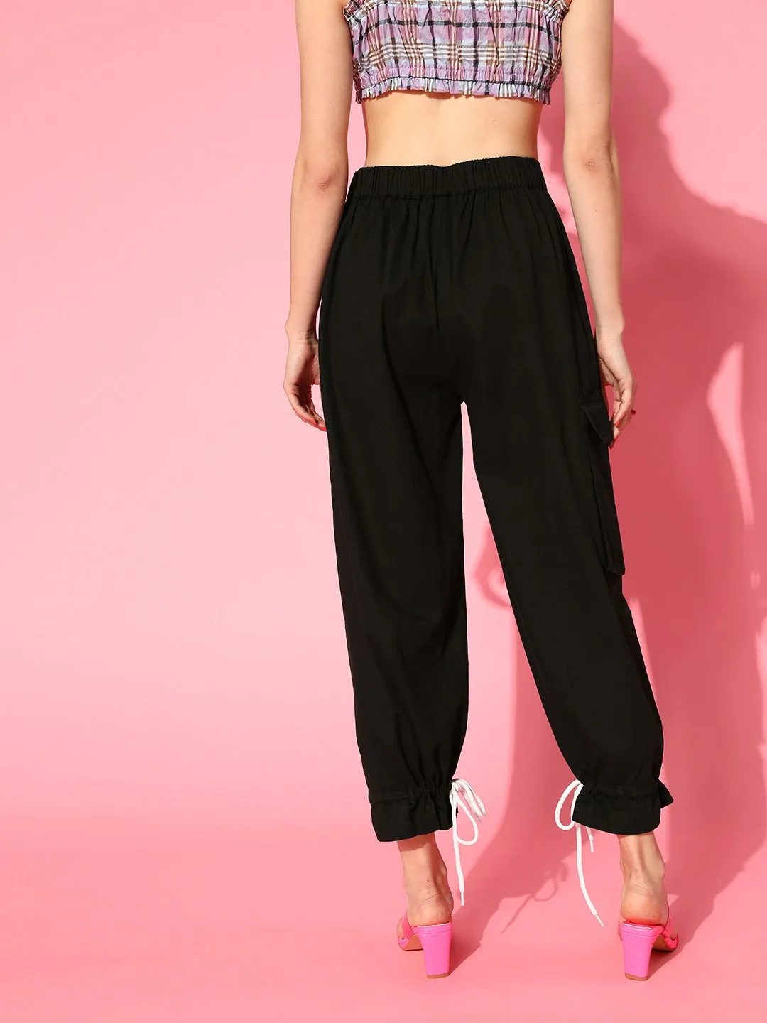 Women Black Drawstring Hem Joggers