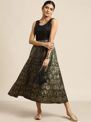 Women Black Foil Print Sleeveless Anarkali Maxi Dress