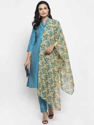 Women Blue & Green Self-Striped Kurta With Trousers & Floral Georgette Dupatta