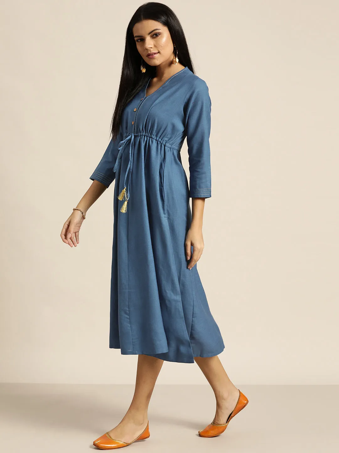 Women Blue Drawstring Anarkali Dress