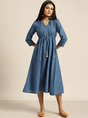 Women Blue Drawstring Anarkali Dress