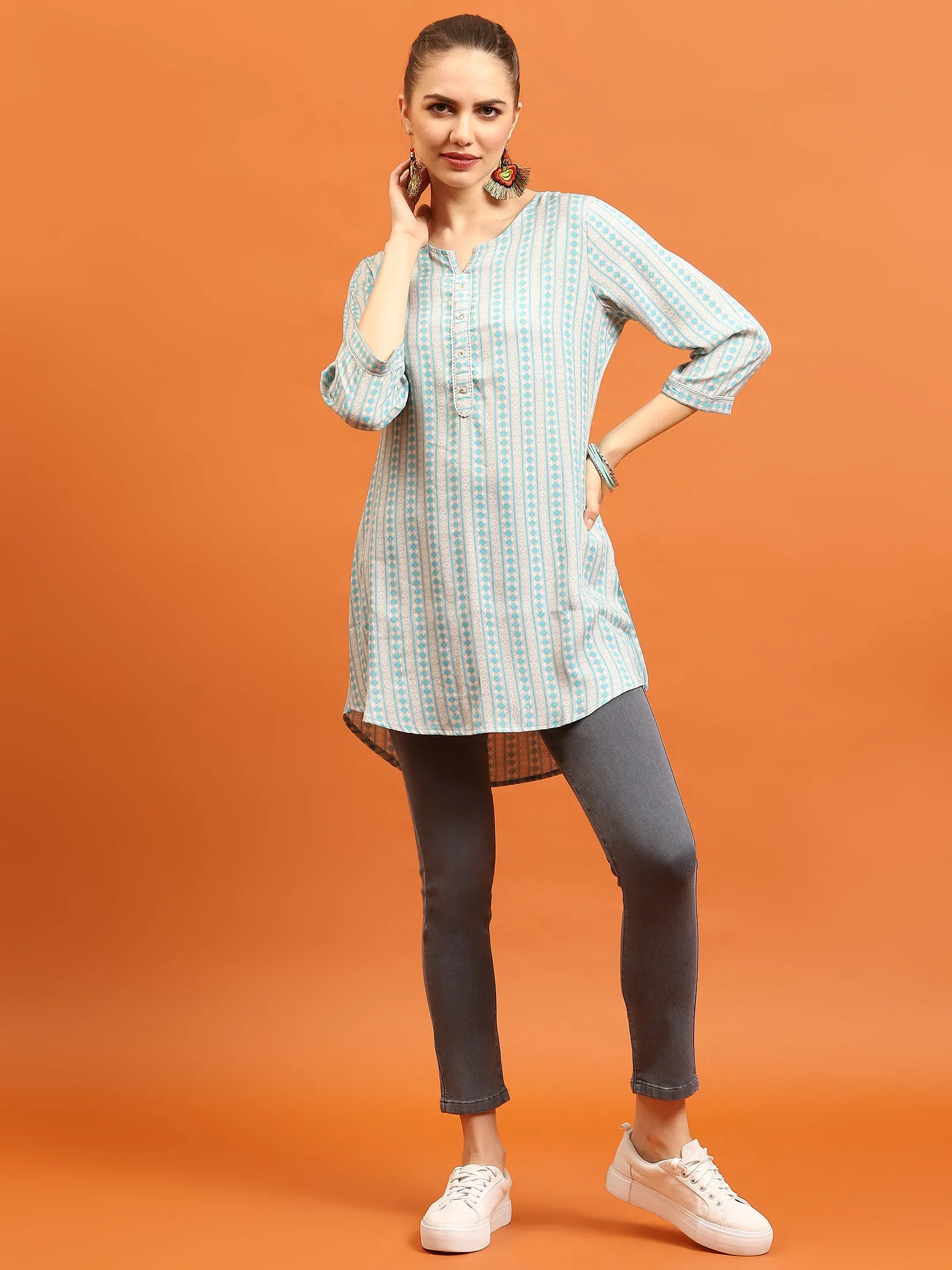 Women Blue Straight Printed Tunic