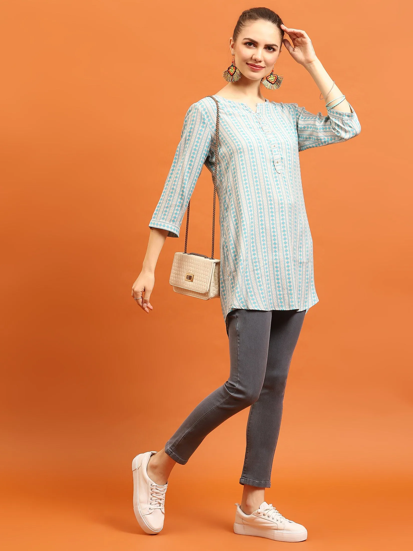 Women Blue Straight Printed Tunic