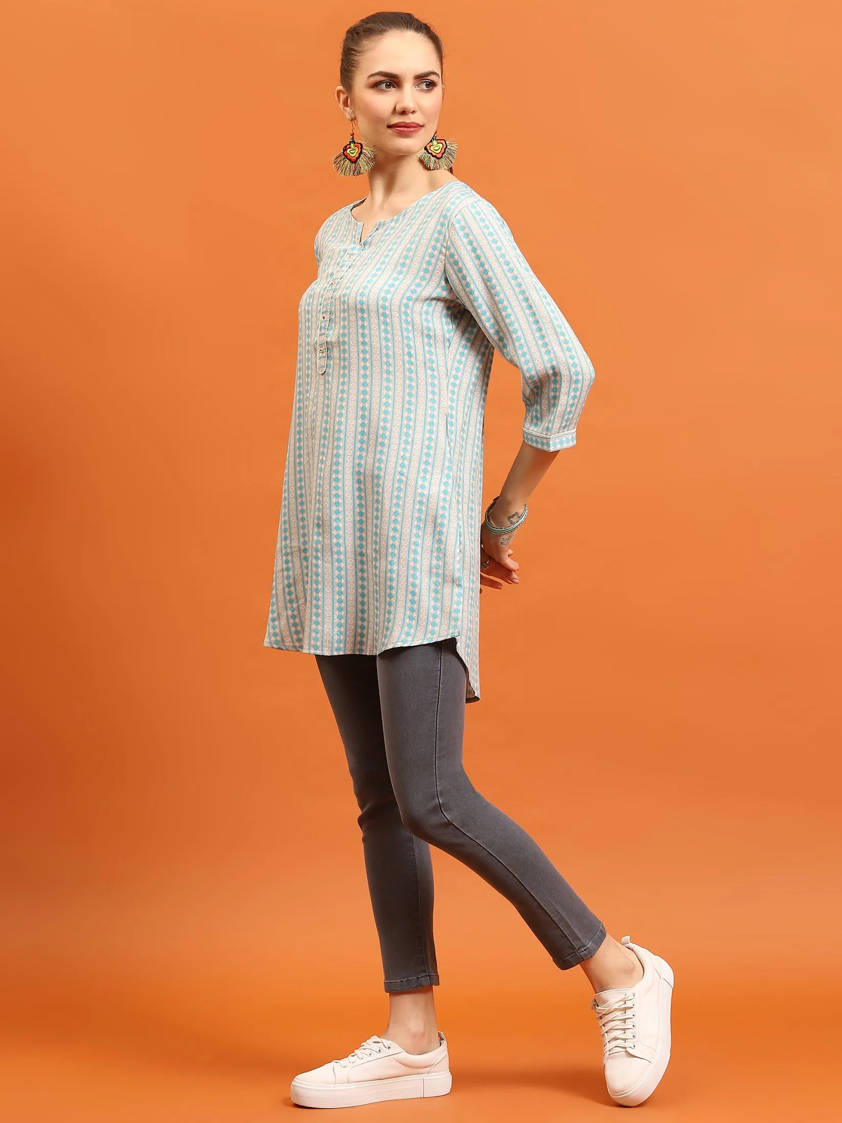 Women Blue Straight Printed Tunic