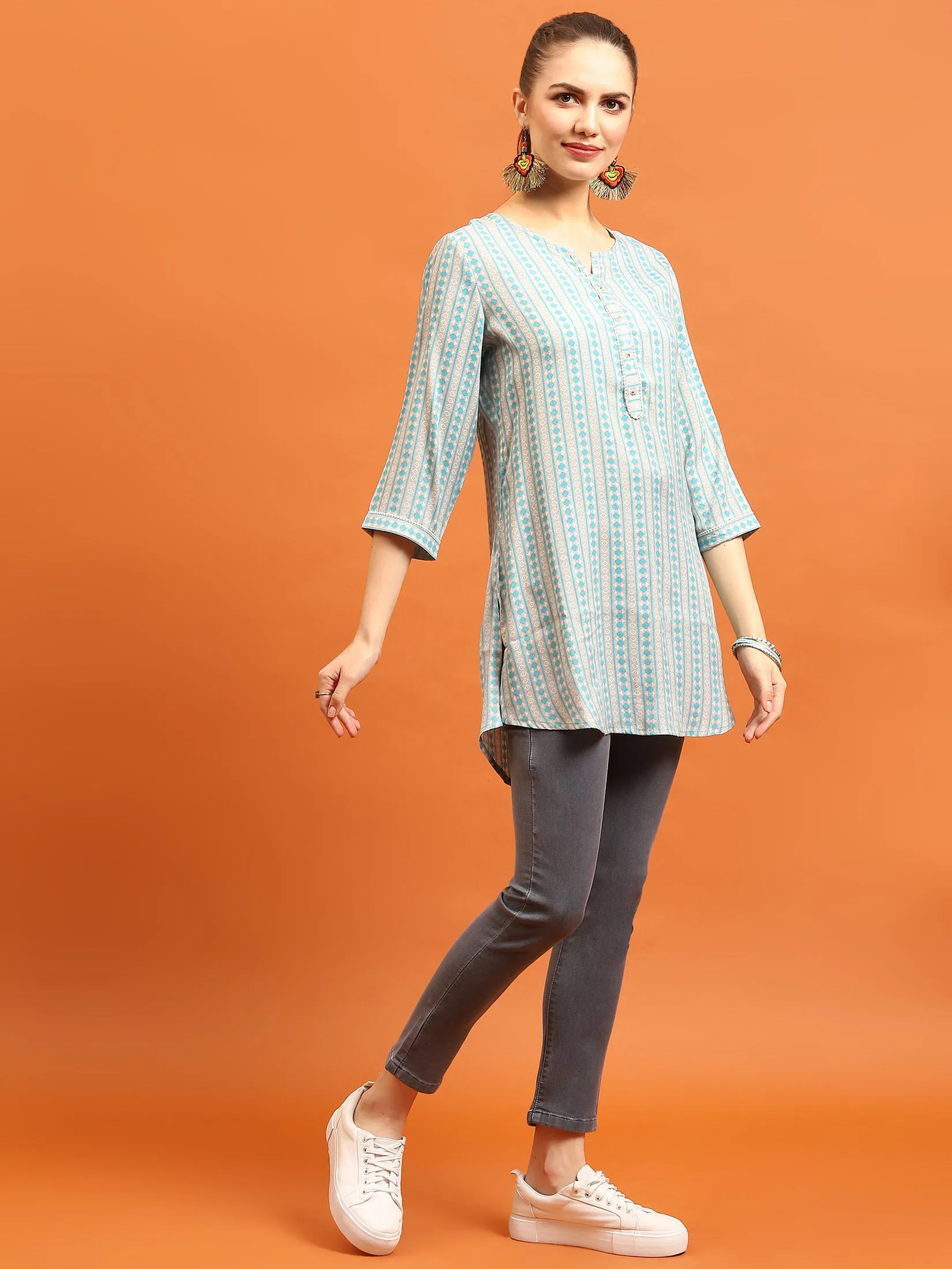 Women Blue Straight Printed Tunic