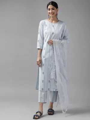 Women Light Blue Safe Design Yarn Dyed Kurta With Trousers And Dupatta Set