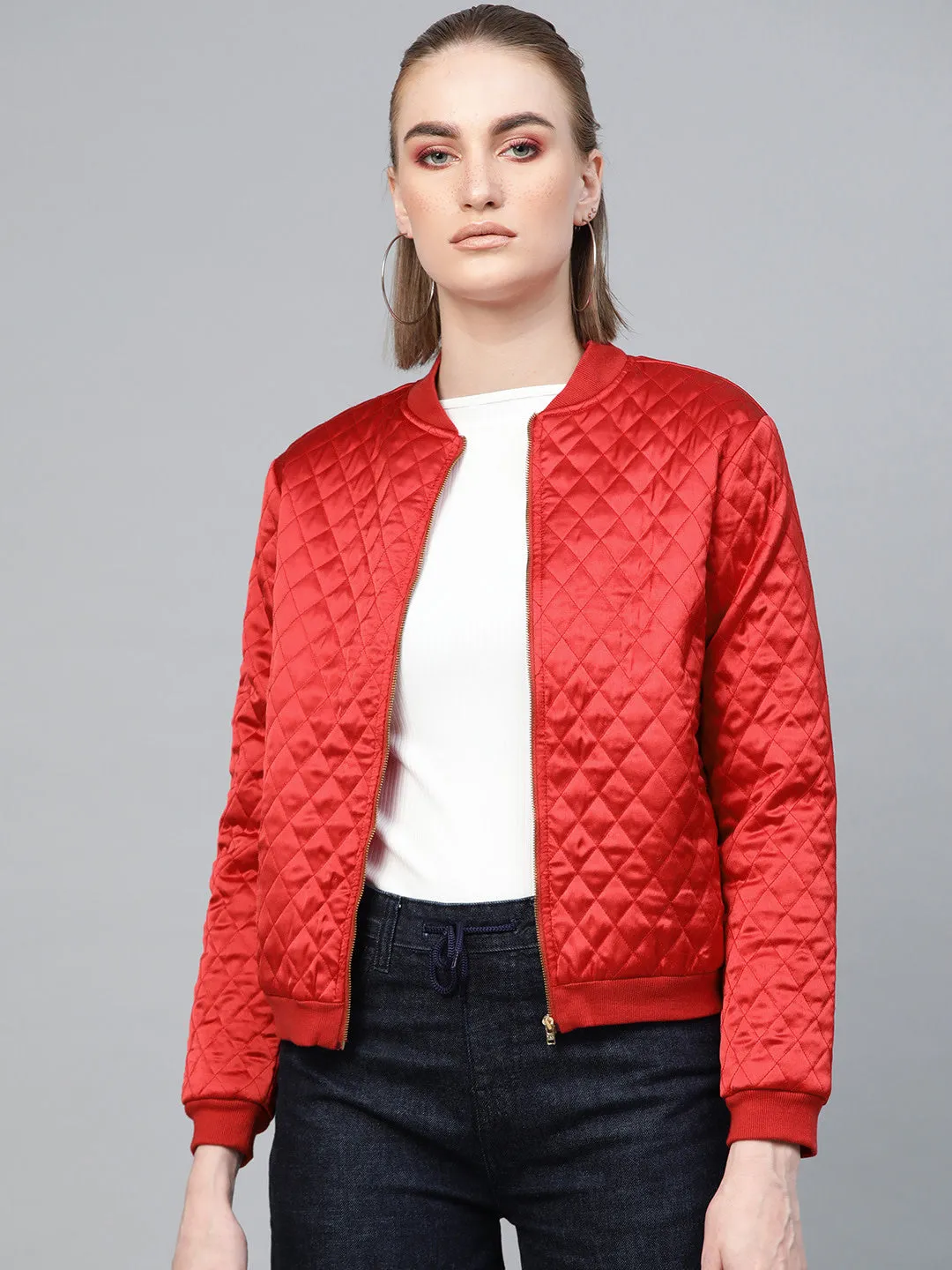 Women Red Quilting Bomber Jacket