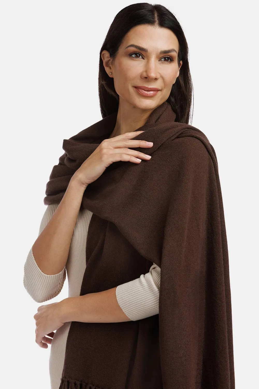 Women's 100% Pure Cashmere Knit Shawl Wrap with Fringe and Gift Box