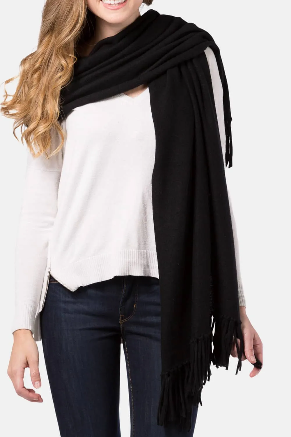 Women's 100% Pure Cashmere Knit Shawl Wrap with Fringe and Gift Box