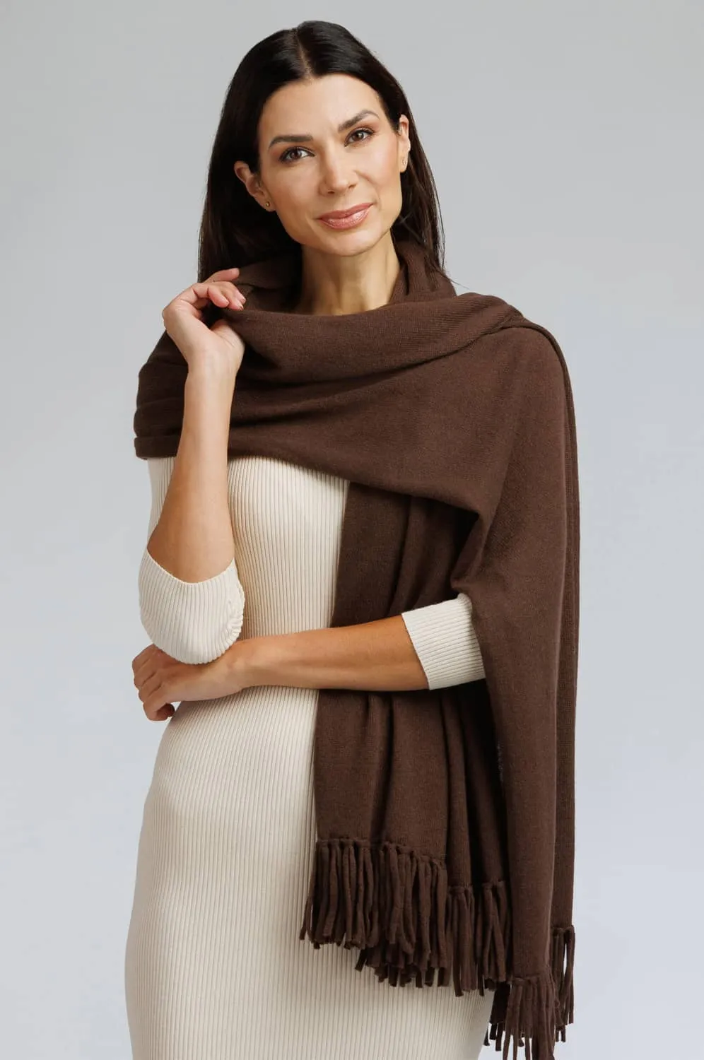 Women's 100% Pure Cashmere Knit Shawl Wrap with Fringe and Gift Box