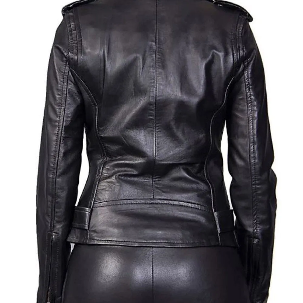 Womens Assymetrical Belted Black Biker Leather Jacket