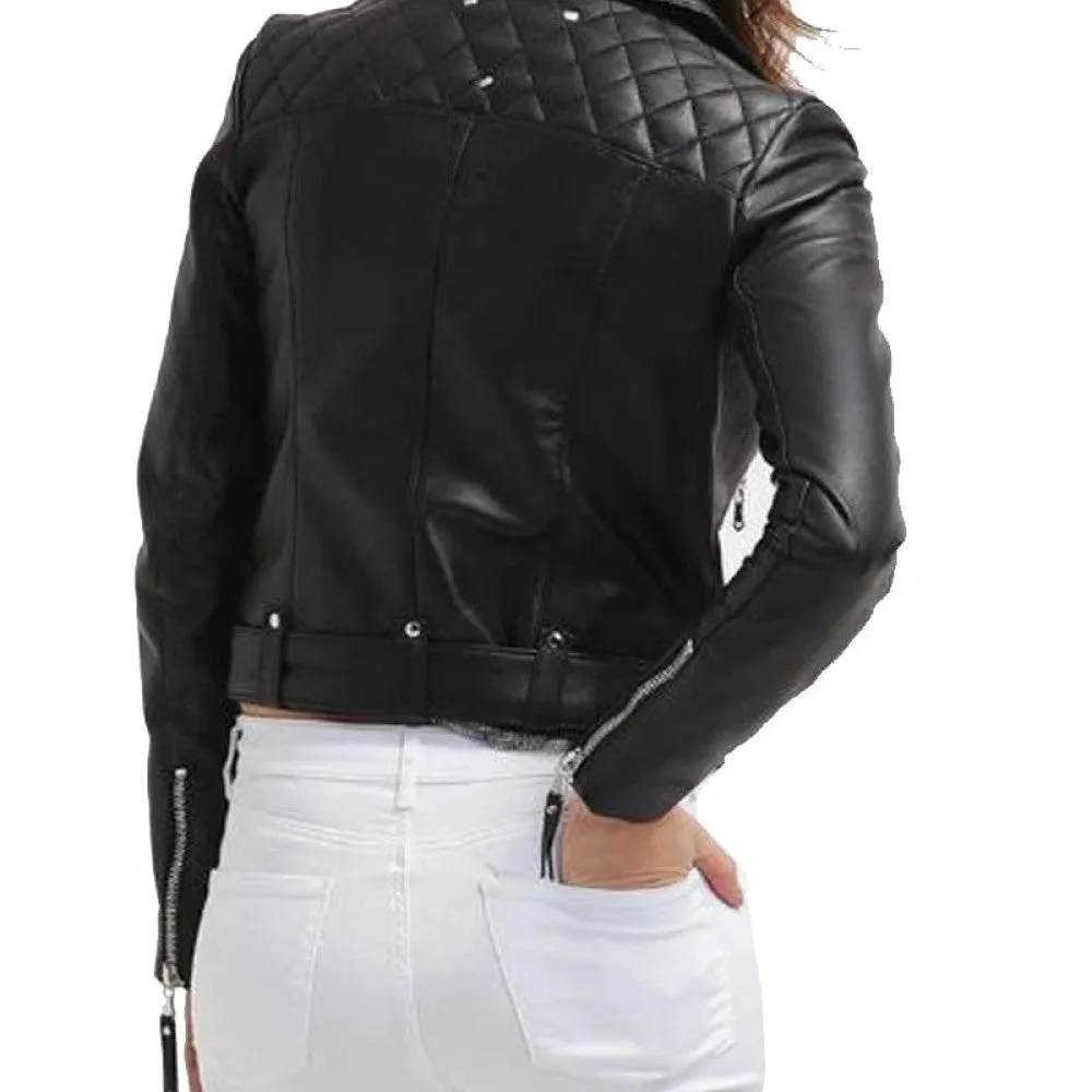 Womens Assymetrical Belted Motorcycle Black Leather Jacket