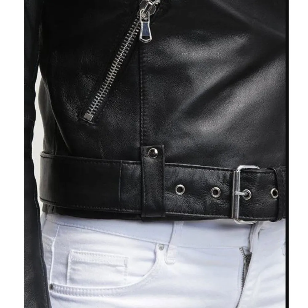 Womens Assymetrical Belted Motorcycle Black Leather Jacket