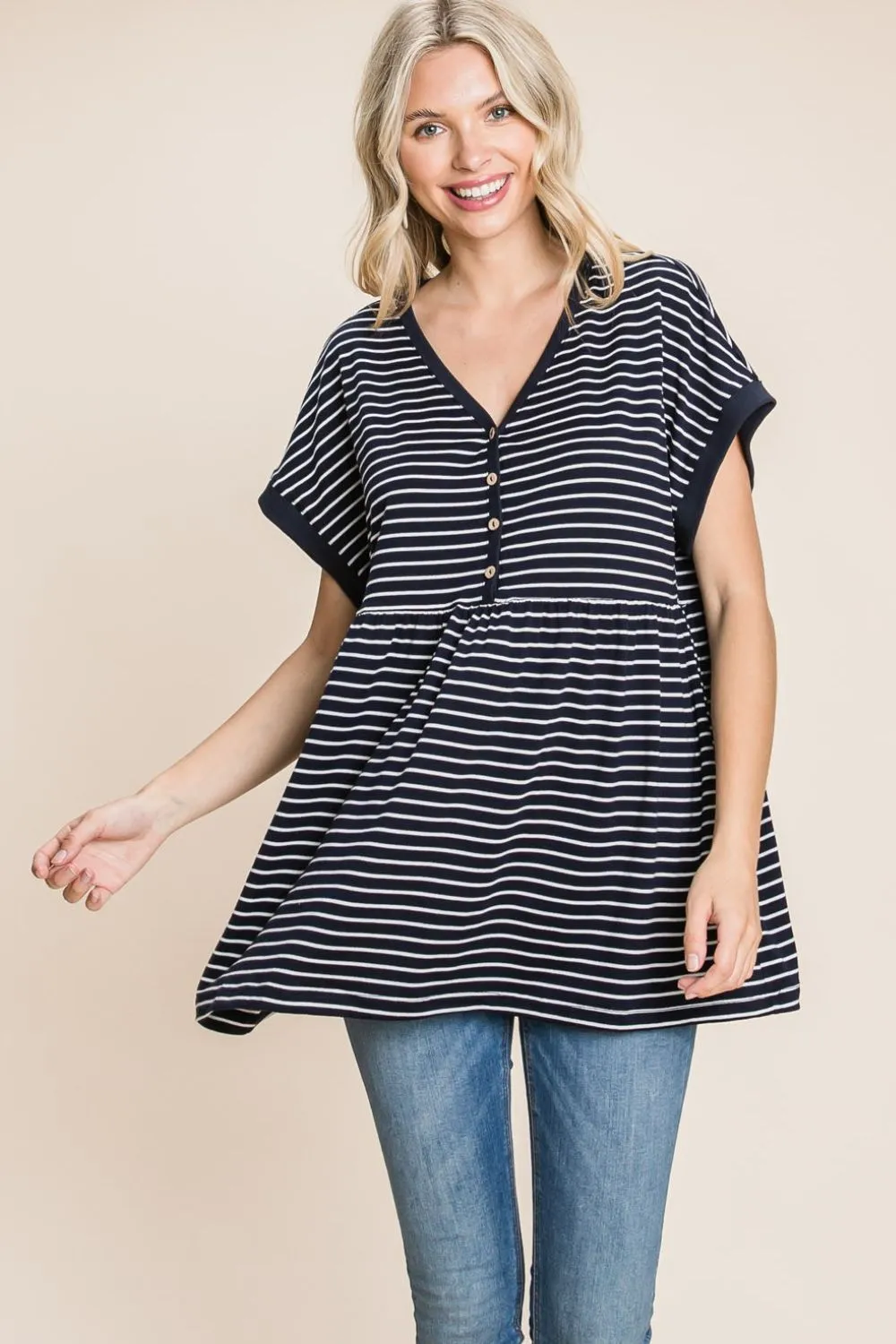 Women's Cotton Bleu by Nu Label Striped Button Front Baby Doll Top