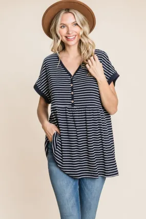 Women's Cotton Bleu by Nu Label Striped Button Front Baby Doll Top