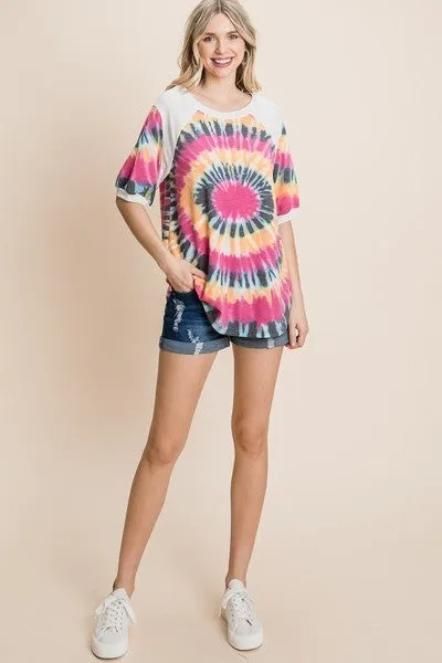 Women's French Terry Tie Dye Printed Casual Mini Bubble Sleeves Tunic Top