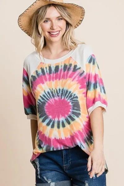 Women's French Terry Tie Dye Printed Casual Mini Bubble Sleeves Tunic Top