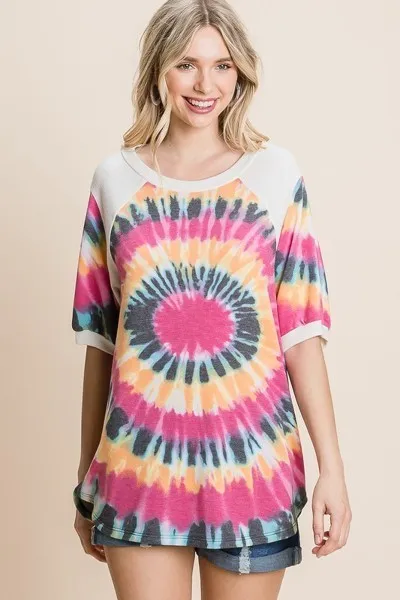 Women's French Terry Tie Dye Printed Casual Mini Bubble Sleeves Tunic Top