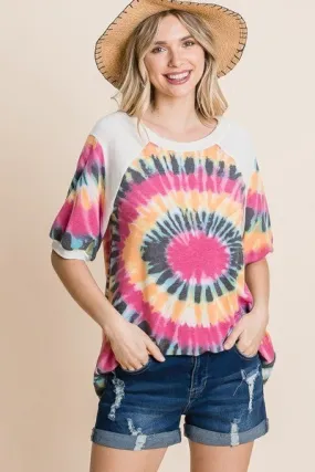 Women's French Terry Tie Dye Printed Casual Mini Bubble Sleeves Tunic Top