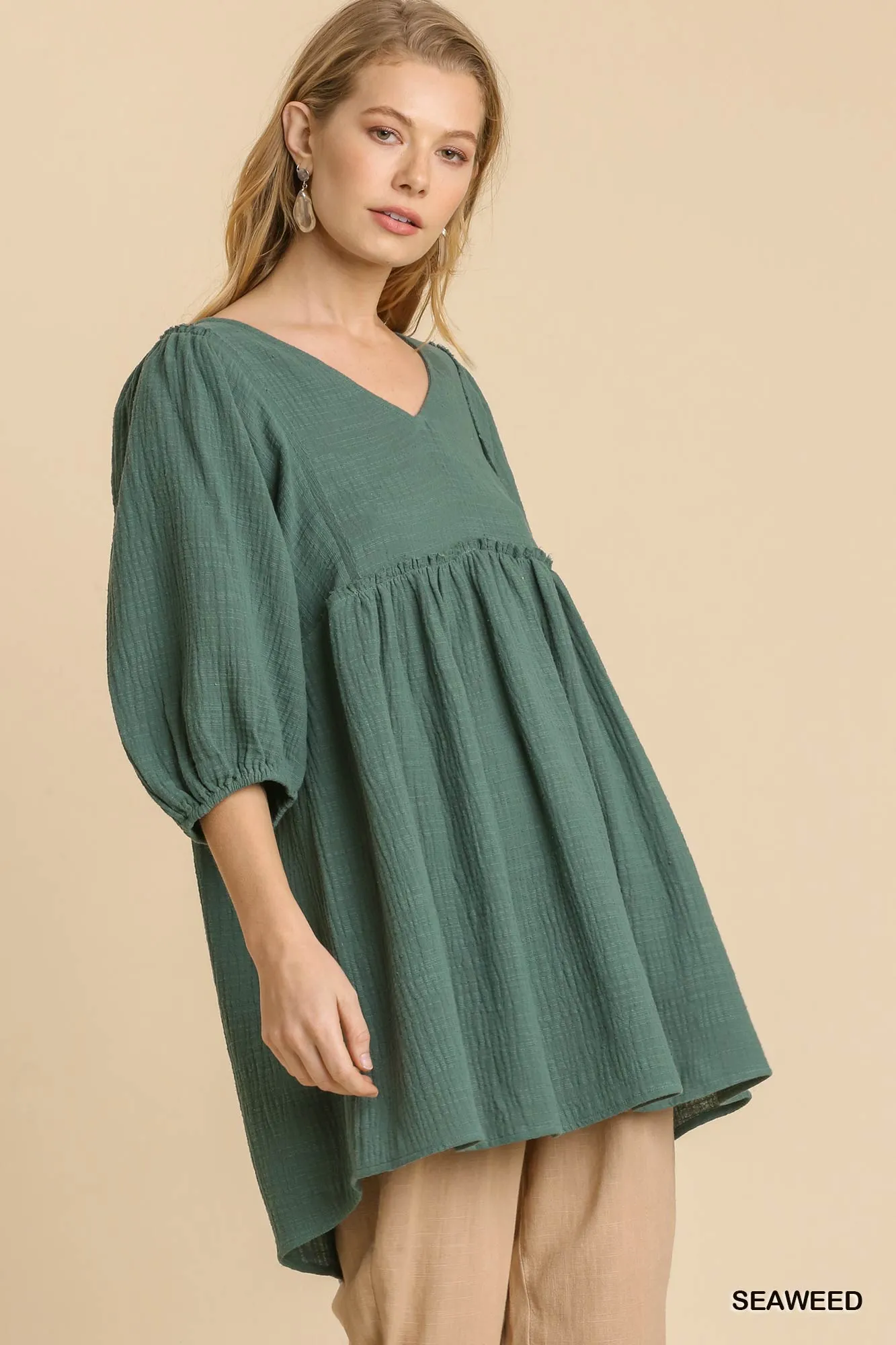 Women's Gauze Slub V-neck Frayed Edge Detail Tunic Dress