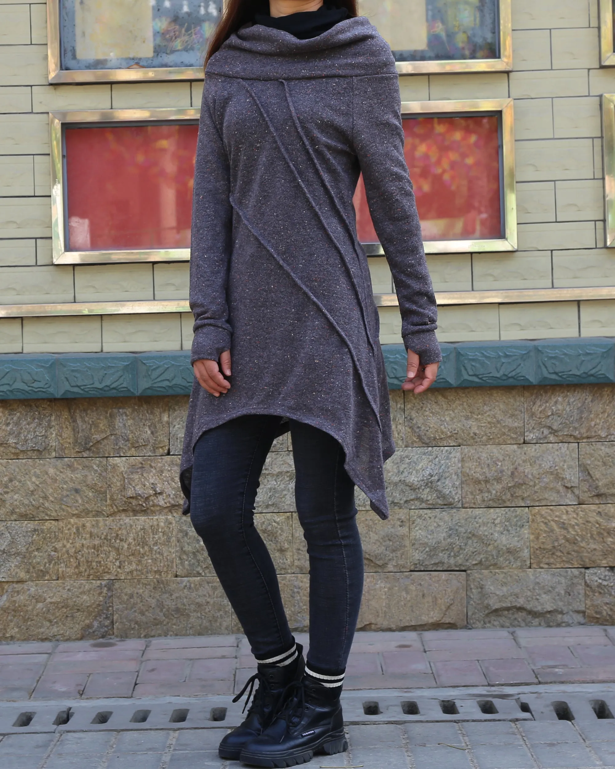 women's off shoulder sweater dress/wool tunic dress/long sleeve top with thumbholes/knit tunic top for leggings(Q5115)