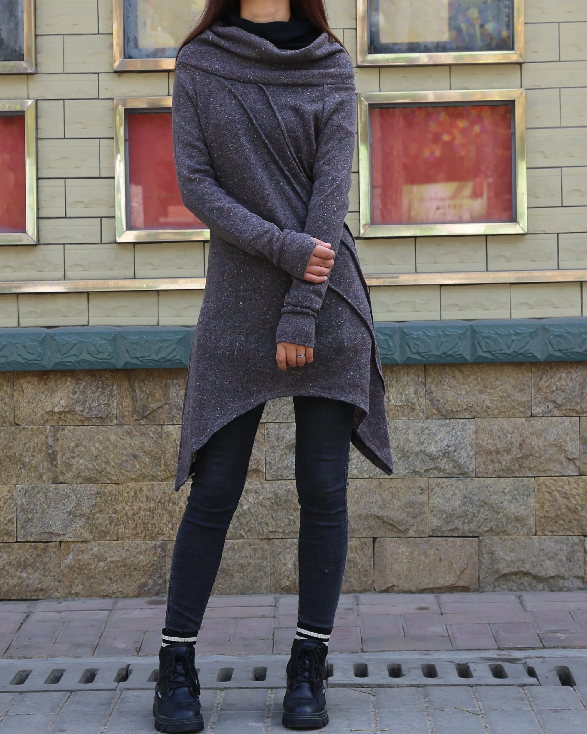 women's off shoulder sweater dress/wool tunic dress/long sleeve top with thumbholes/knit tunic top for leggings(Q5115)