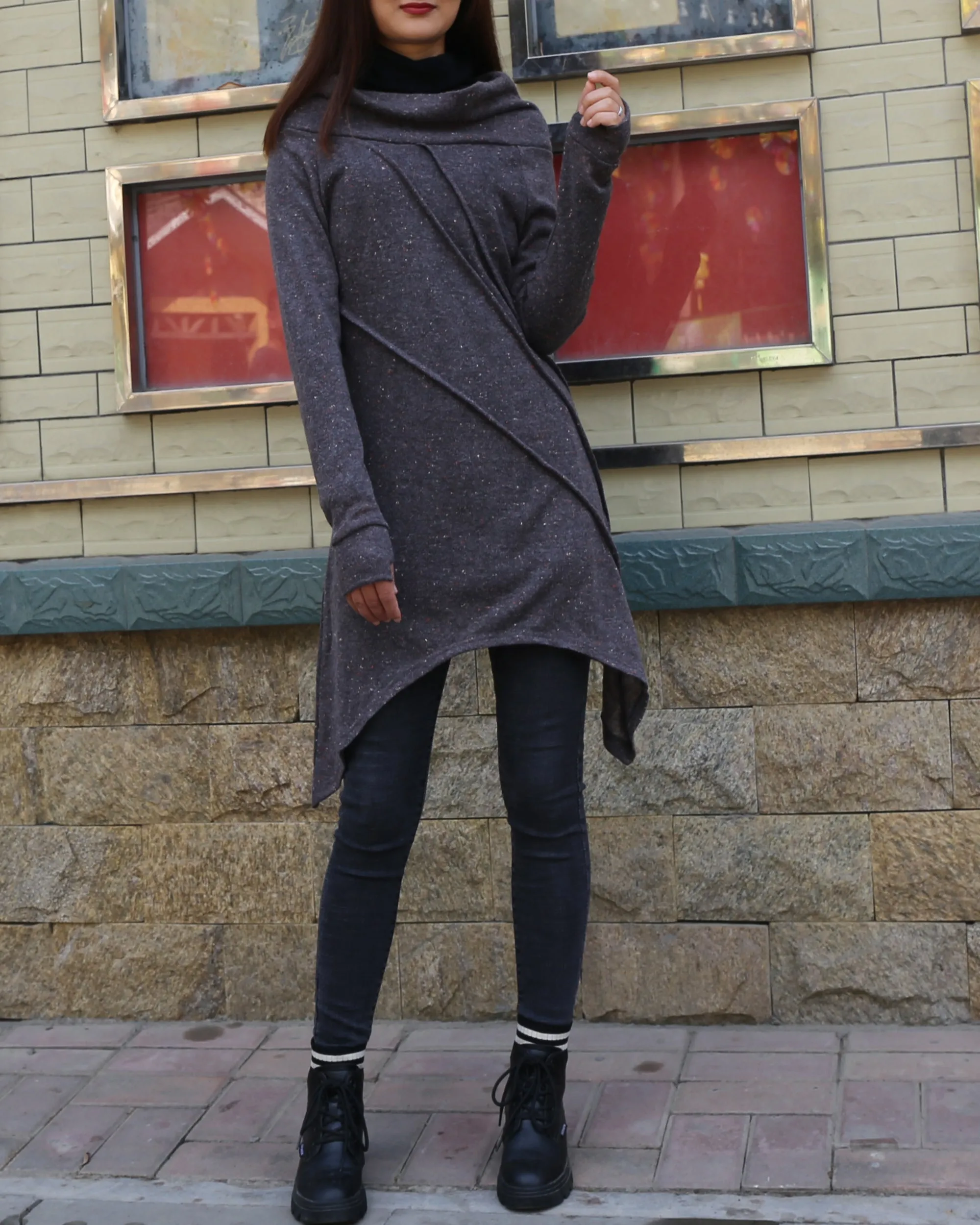 women's off shoulder sweater dress/wool tunic dress/long sleeve top with thumbholes/knit tunic top for leggings(Q5115)