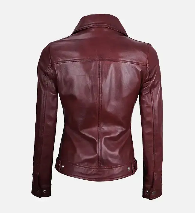 Women's Shirt Collar Maroon Leather Jacket