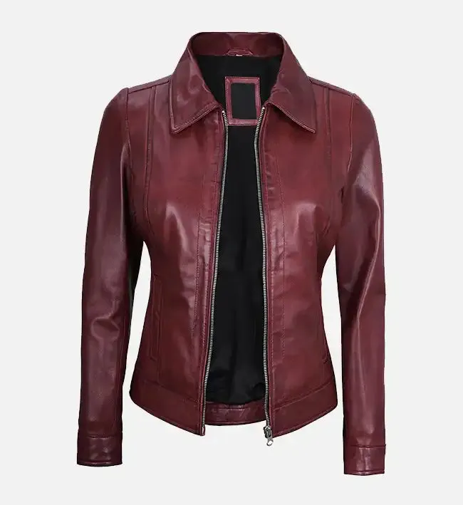 Women's Shirt Collar Maroon Leather Jacket